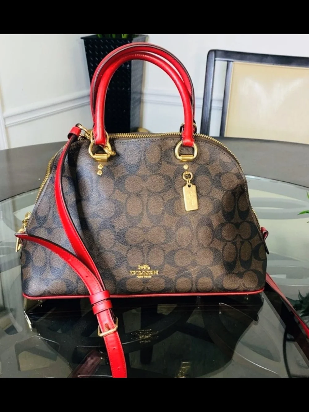 Coach Brown Signature Dome Satchel with Red Trim